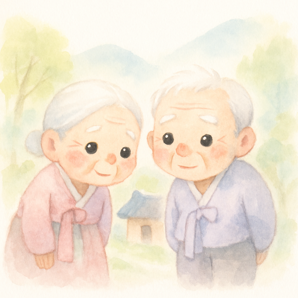 깊은 산속 작은 집 앞에서 허리가 굽고 하얀 머리의 할아버지와 할머니가 함께 서 있는 모습